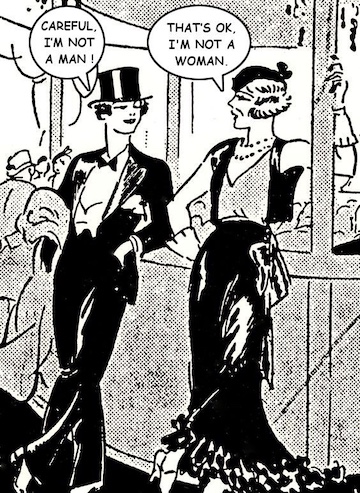 A femme and a masc looking at each other. The masc says careful! I'm not a man. The femme says that's ok, i'm not a woman! 